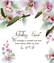 Orchid flowers watercolor card Vector. Beautiful spring frame. Delicate bouquet. Greeting card or wedding card