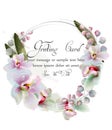 Orchid flowers wreath watercolor Vector. Beautiful spring frame. Delicate bouquet. Greeting card or wedding card
