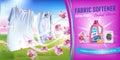 Orchid fragrance fabric softener gel ads. Vector realistic Illustration with laundry clothes and softener rinse container. Horizon