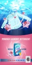 Orchid fragrance Laundry detergent ads. Vector realistic Illustration with shirt is washed in water and product package. Vertical
