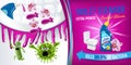 Orchid fragrance toilet cleaner ads. Cleaner bobs kill germs inside toilet bowl. Vector realistic illustration. Horizontal banner.