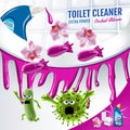 Orchid fragrance toilet cleaner ads. Cleaner bobs kill germs inside toilet bowl. Vector realistic illustration.