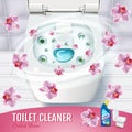 Orchid fragrance toilet cleaner gel ads. Vector realistic Illustration with top view of toilet bowl and disinfectant container