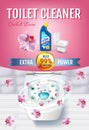 Orchid fragrance toilet cleaner gel ads. Vector realistic Illustration with top view of toilet bowl and disinfectant container. Ve