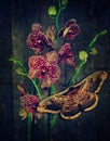 Orchid Gorgeous Purple Spotty Flowers And Butterfly Against Old Wooden Background. Moth Saturnia Pyri And Tiger Orchid.