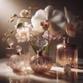 An orchid with perfume bottles, Ai generated image Royalty Free Stock Photo