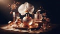 An orchid with perfume bottles, Ai generated image Royalty Free Stock Photo