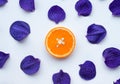 Orchid petal with orange slice on white background.flat lay