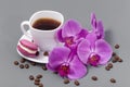 Orchid and white cup of coffee on a gray background Royalty Free Stock Photo