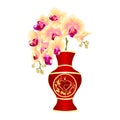 Orchid yellow phalenopsis in a vase of red porcelain gold ornament heart with crown and leaves vintage vector illustration edit