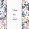 Botanical spring wedding invitation card template design, wild flowers and herbs composition frame on white background.