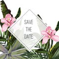 Tropical jungle palm tree leaves with exotic pink orchid flowers. Royalty Free Stock Photo