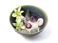 Orchids, Crystals, Shells, and Stones in Handmade Ceramic Bowl