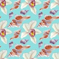 Orchids and seashells watercolor illustrations isolated on color background. Seamless pattern