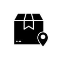 Order Box Pin Location Silhouette Icon. Geolocation of Parcel Box Point on Shipping Glyph Pictogram. Tracking Pointer