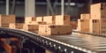 The carton boxes on the conveyor belt with AI generated. Royalty Free Stock Photo