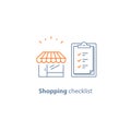 Order checklist, small retail business, grocery store, clipboard vector line icon, thin stroke