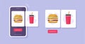 Order fast food delivery online app mobile phone screens vector or buy meal restaurant digital service menu with burger and Royalty Free Stock Photo