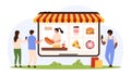 Order fast food online, delivery and service, tiny people select takeout meals and drink