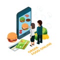 Order food online isometric vector illustration. Man and woman choose food with phone app