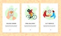 Order food online mobile app banner set. Chooses pizza on smartphone screen template. Express free bicycle delivery from