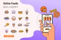 Order foods online from app by smart phone. Fast food delivery. Concept illustration with food icons.