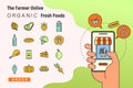Order fresh organic foods onlin. by smart phone. The Farmer online concept illustration with food and grocery icons