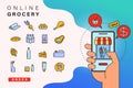 Order grocery online from app by smart phone. Fast delivery. Concept illustration with food and grocery icons, smart phone in hand