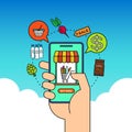 Order grocery online from app by smart phone. Fast delivery. Concept illustration with food and grocery icons, smart phone in hand