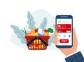 Order grocery online. Pay from your smartphone with a card. Plastic basket with groceries. flat vector illustration