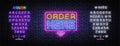 Order here neon for banner design. Order here Vector illustration word. Vector isolated symbol illustration. Banner Royalty Free Stock Photo