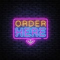 Order here neon for banner design. Order here Vector illustration word. Vector isolated symbol illustration. Banner Royalty Free Stock Photo