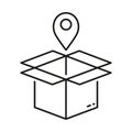 Order Location Outline Symbol. Pointer with Box, Shipping Sign. Pick Up Package Line Icon. Delivery Service Linear