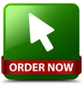 Order now (cursor icon) green square button red ribbon in middle Royalty Free Stock Photo