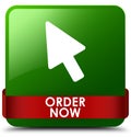 Order now green square button red ribbon in middle Royalty Free Stock Photo