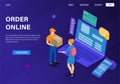 Online order concept. Home delivery of goods. The girl receives an order from the courier. Suitable for landing, site design, Royalty Free Stock Photo