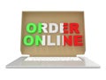 Order online - Italian food. Cardboard box cover on laptop. 3D render