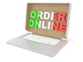 Order online - Italian food. Cardboard box cover on laptop. 3D render