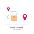 Order tracking with box and red location sign