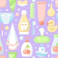 Ordered seamless pattern with baby hygiene elements in flat style