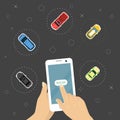 Ordering car online concept, hand holding smartphone with vehicle booking app vector illustration. Choosing the best car