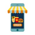 Ordering food online vector. Selecting a product with the smartphone, the payment of money for the purchase.