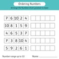 Ordering numbers worksheet. Arrange the numbers from greatest to least. Math. Number range up to 10