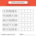 Ordering numbers worksheet. Arrange the numbers from greatest to least. Number range up to 20. Math