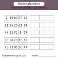 Ordering numbers worksheet. Arrange the numbers from greatest to least. Number range up to 100. Mathematics