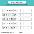 Ordering numbers worksheet. Arrange the numbers from least to greatest. Math. Number range up to 20