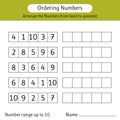 Ordering numbers worksheet. Arrange the numbers from least to greatest. Mathematics. Number range up to 10