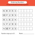 Ordering numbers worksheet. Arrange the numbers from least to greatest. Number range up to 10. Math