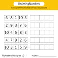 Ordering numbers worksheet. Arrange the numbers from least to greatest. Number range up to 10. Mathematics