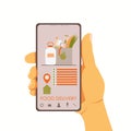 Ordering products home online on the Internet. Smartphone application for food delivery. Flat illustration isolated on a white bac